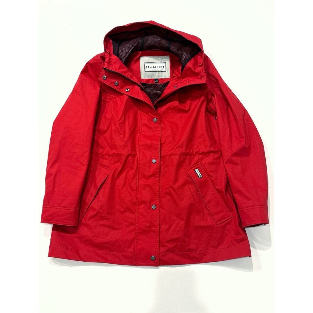 HUNTER, Womens Original Cotton Smock Water Resistant Hooded Rain Jacket, Red, L